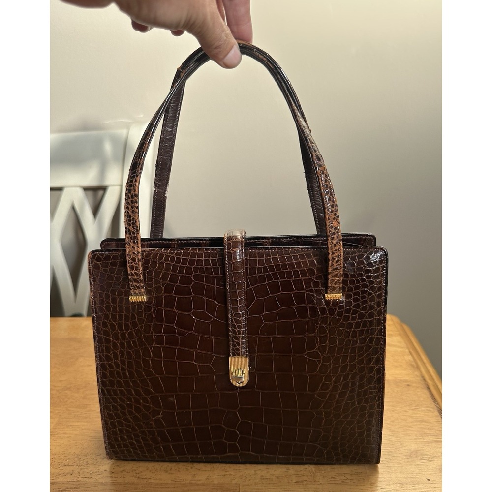 LUCILLE DE PARIS Vintage Brown Alligator Skin Small Bag Hand Purse W/Mirror READ